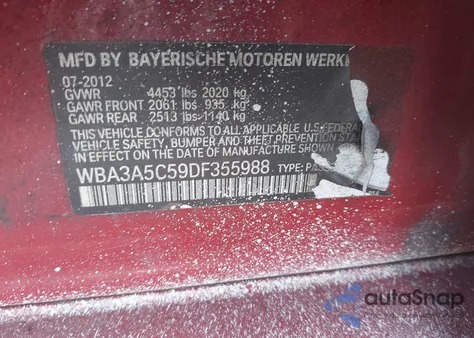 2013 BMW 328I из США, поврежденный, VIN WBA3A5C59DF355988